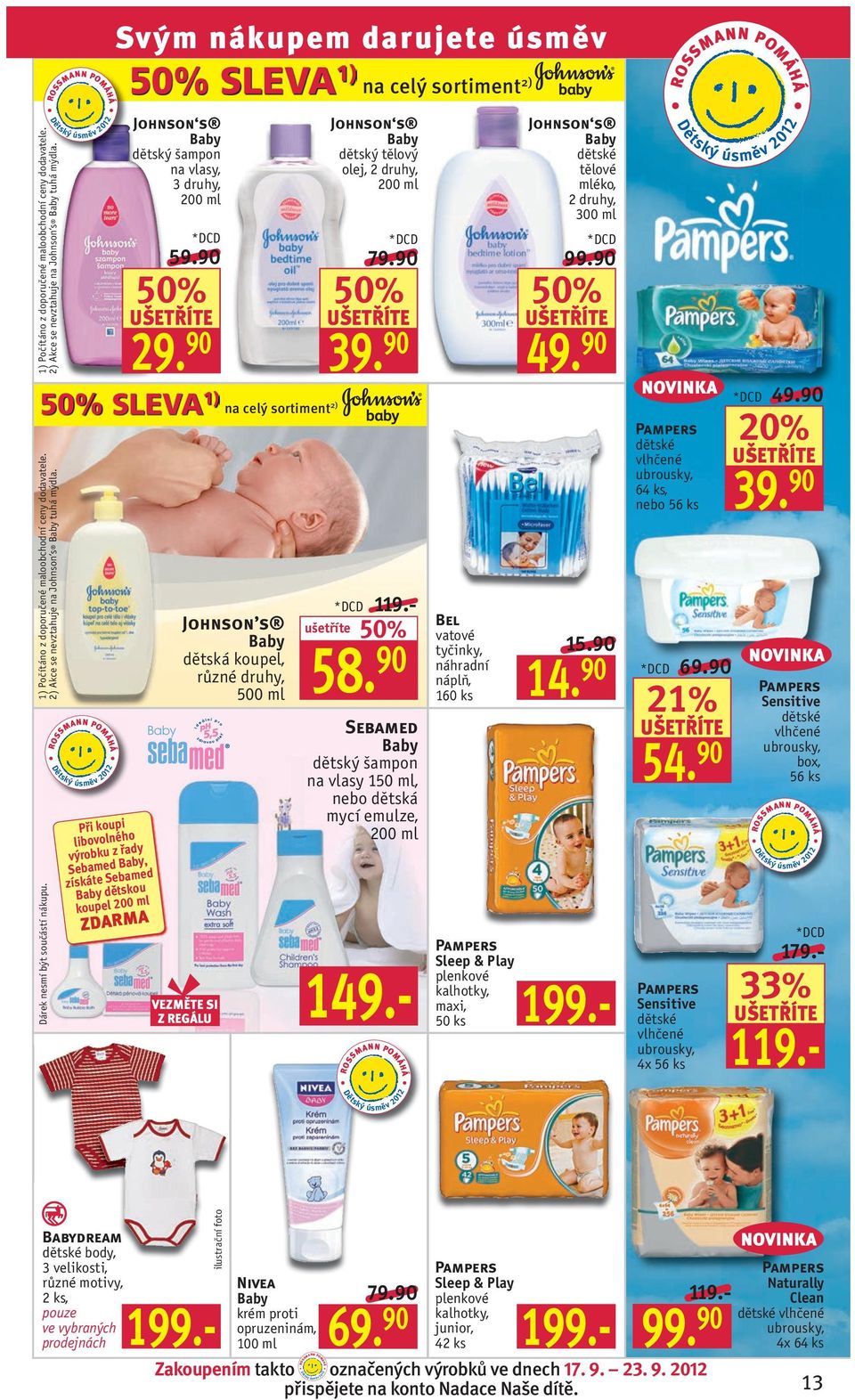 90 50% SLEVA 1) Při koupi libovolného výrobku z řady Sebamed Baby, získáte Sebamed Baby děkou koupel 00 ml Svým nákupem darujete ZDARA Johnson s Baby děká koupel, 500 ml na celý sortiment ) Johnson s