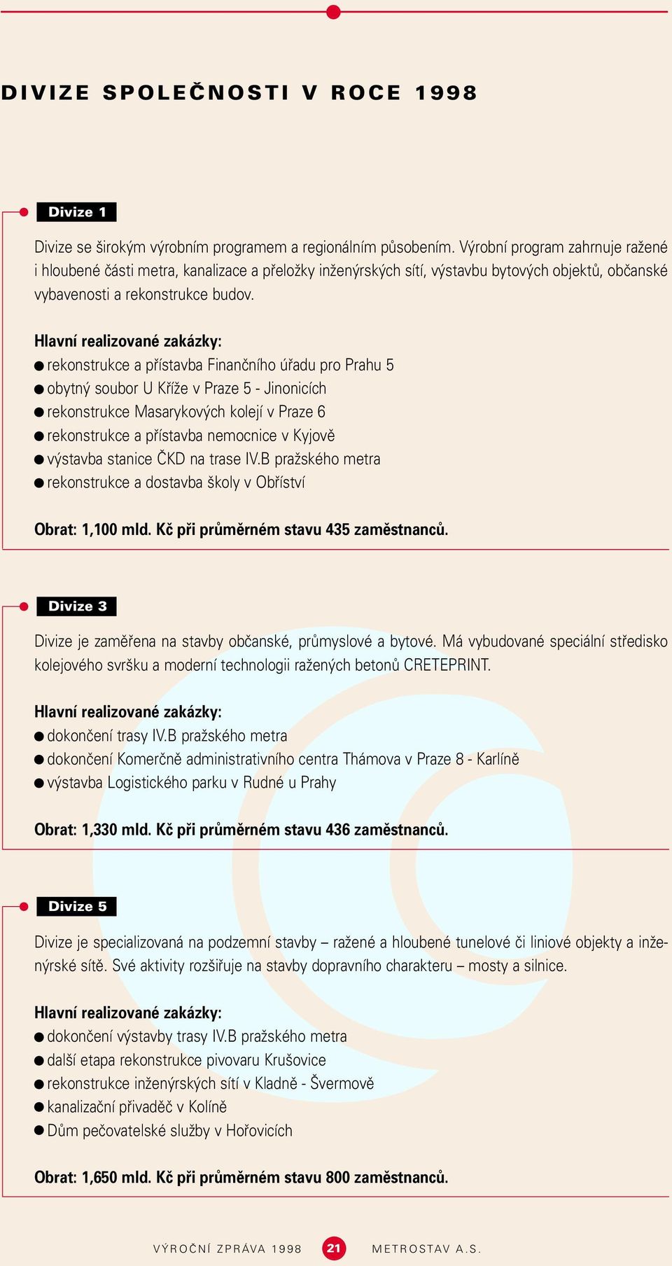 Hlavní realizované zakázky: rekonstrukce a pfiístavba Finanãního úfiadu pro Prahu 5 obytn soubor U KfiíÏe v Praze 5 - Jinonicích rekonstrukce Masarykov ch kolejí v Praze 6 rekonstrukce a pfiístavba