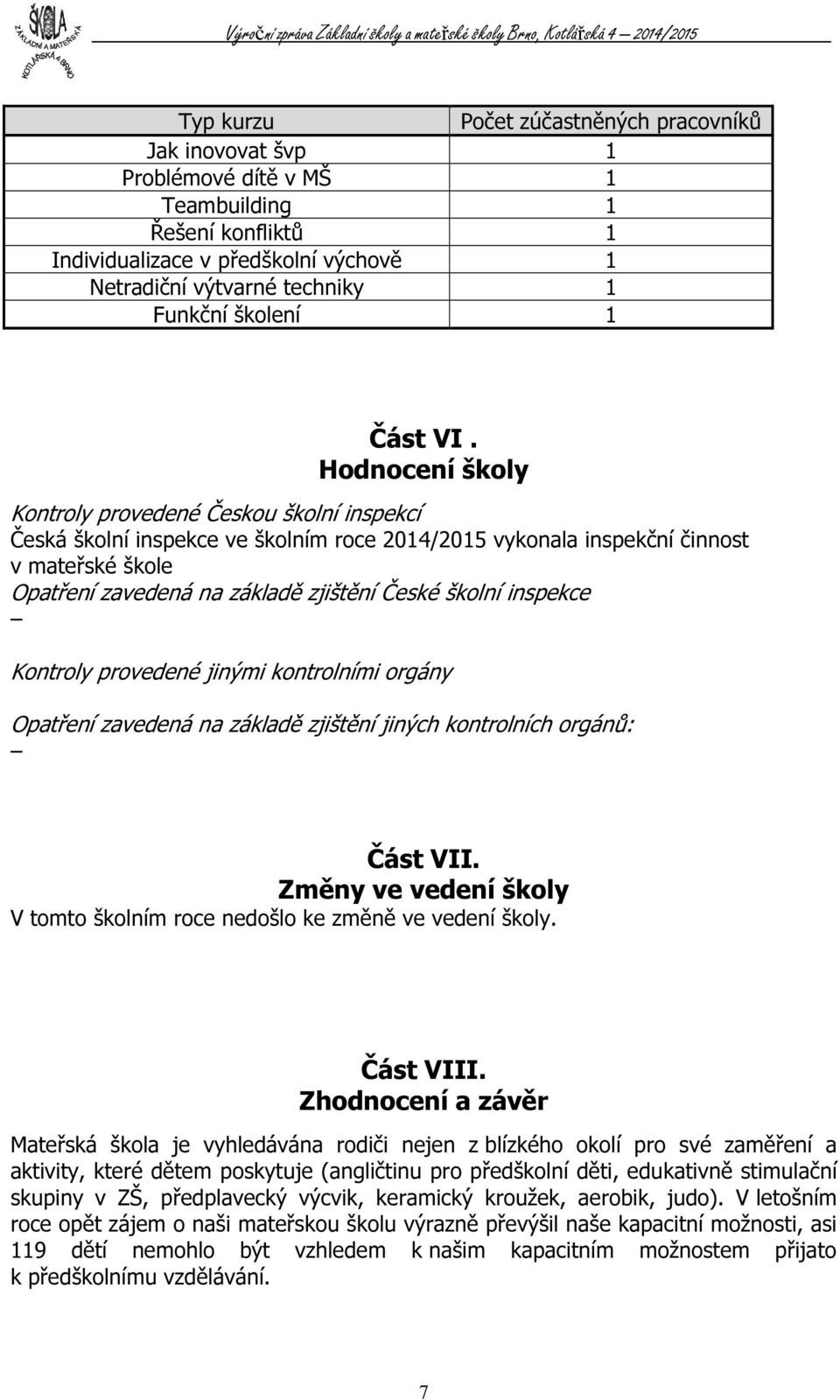 Hodnocení školy Kontroly provedené Českou školní inspekcí Česká školní inspekce ve školním roce 2014/2015 vykonala inspekční činnost v mateřské škole Opatření zavedená na základě zjištění České