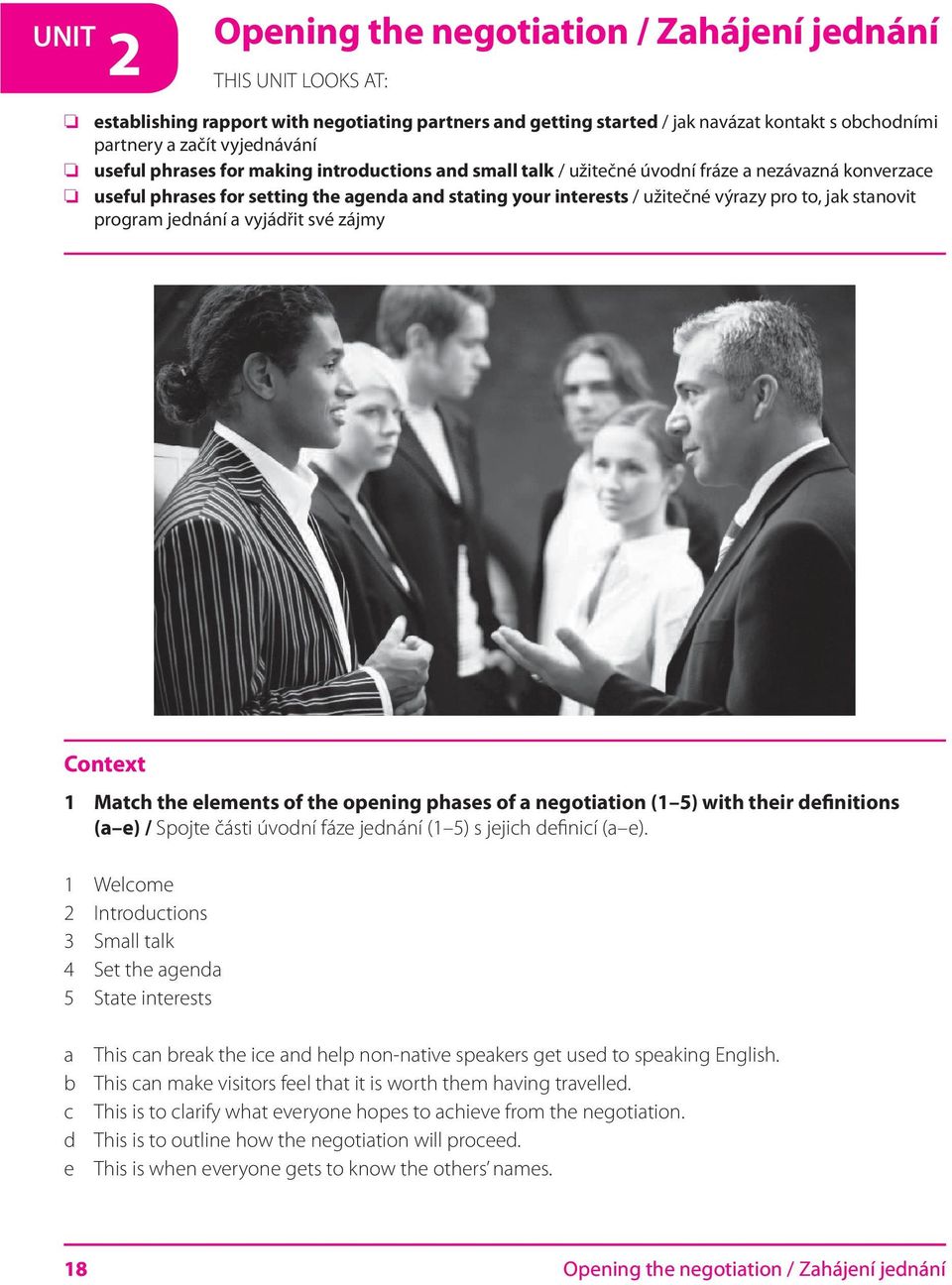 pro to, jak stanovit program jednání a vyjádřit své zájmy Context 1 Match the elements of the opening phases of a negotiation (1 5) with their definitions (a e) / Spojte části úvodní fáze jednání (1