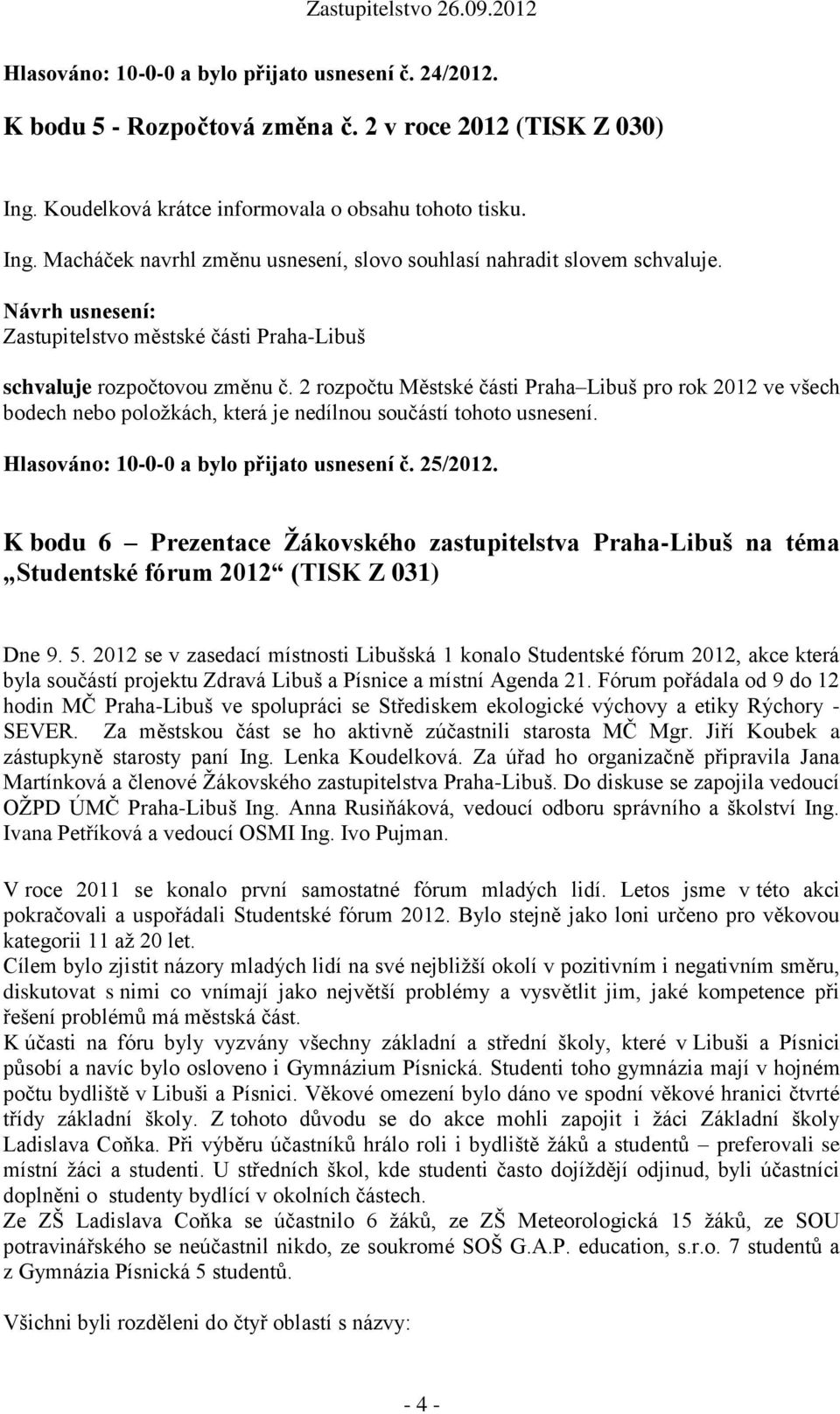 2 rozpočtu Městské části Praha Libuš pro rok 2012 ve všech bodech nebo položkách, která je nedílnou součástí tohoto usnesení. Hlasováno: 10-0-0 a bylo přijato usnesení č. 25/2012.