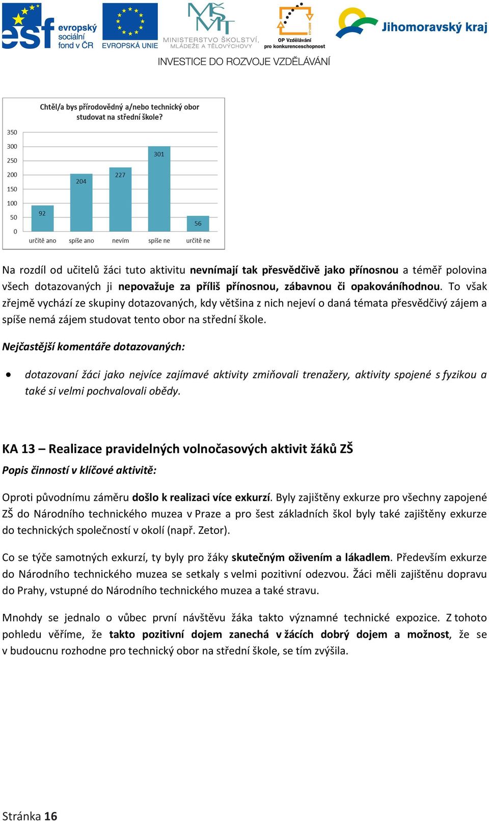 Nejčastější komentáře dotazovaných: dotazovaní žáci jako nejvíce zajímavé aktivity zmiňovali trenažery, aktivity spojené s fyzikou a také si velmi pochvalovali obědy.