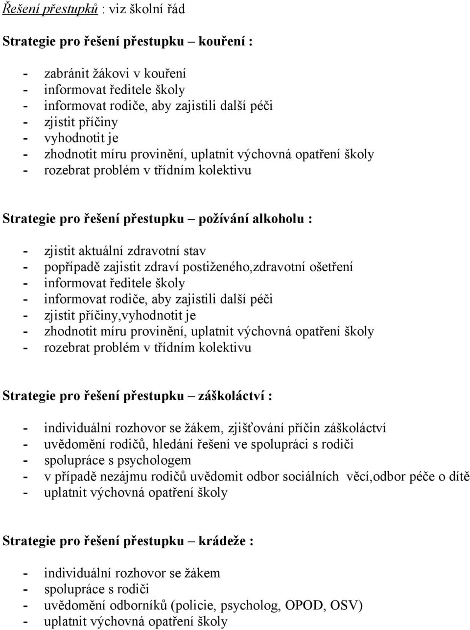 - popřípadě zajistit zdraví postiženého,zdravotní ošetření - informovat ředitele školy - informovat rodiče, aby zajistili další péči - zjistit příčiny,vyhodnotit je - zhodnotit míru provinění,