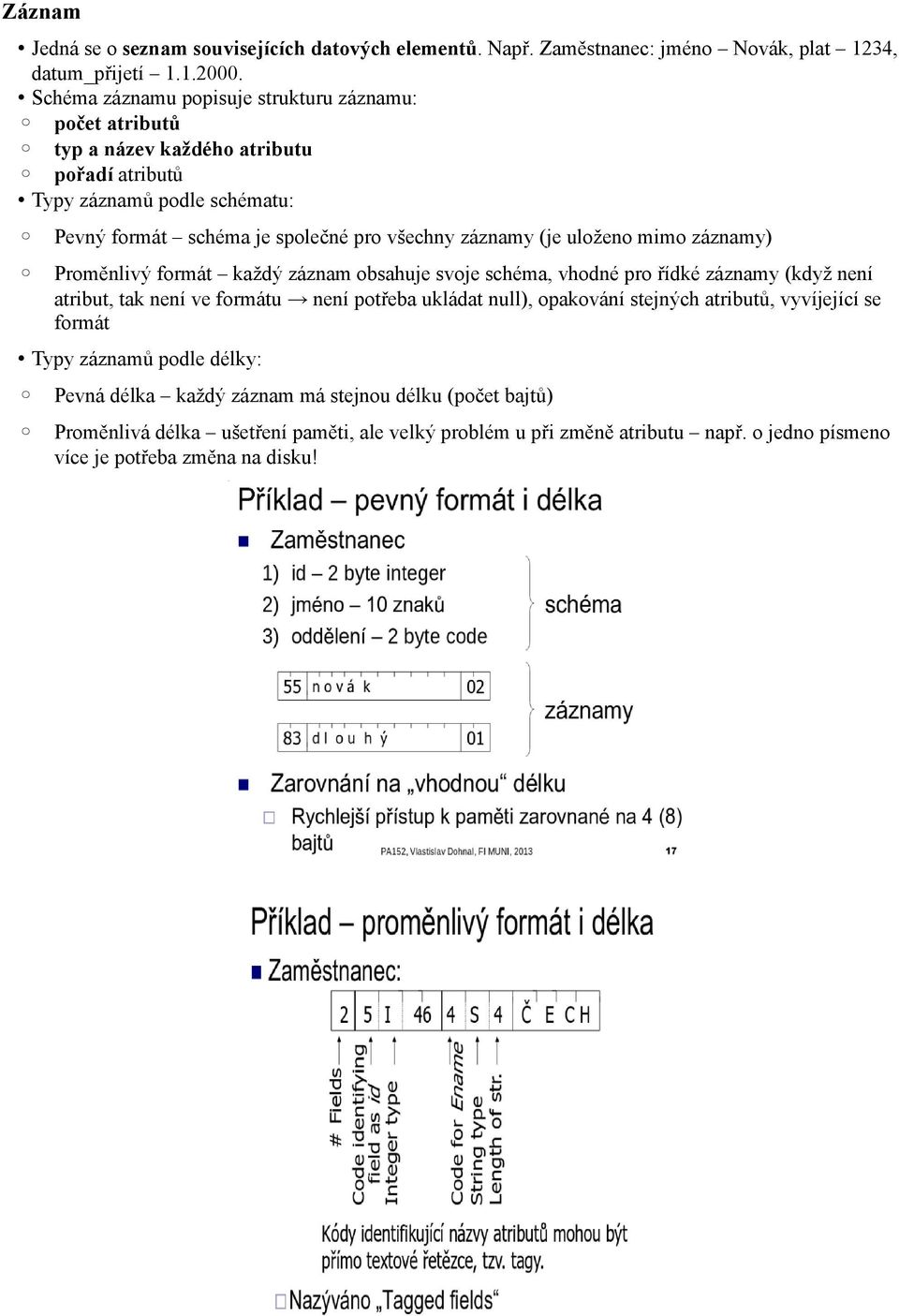 (je uloženo mimo záznamy) Proměnlivý formát každý záznam obsahuje svoje schéma, vhodné pro řídké záznamy (když není atribut, tak není ve formátu není potřeba ukládat null), opakování