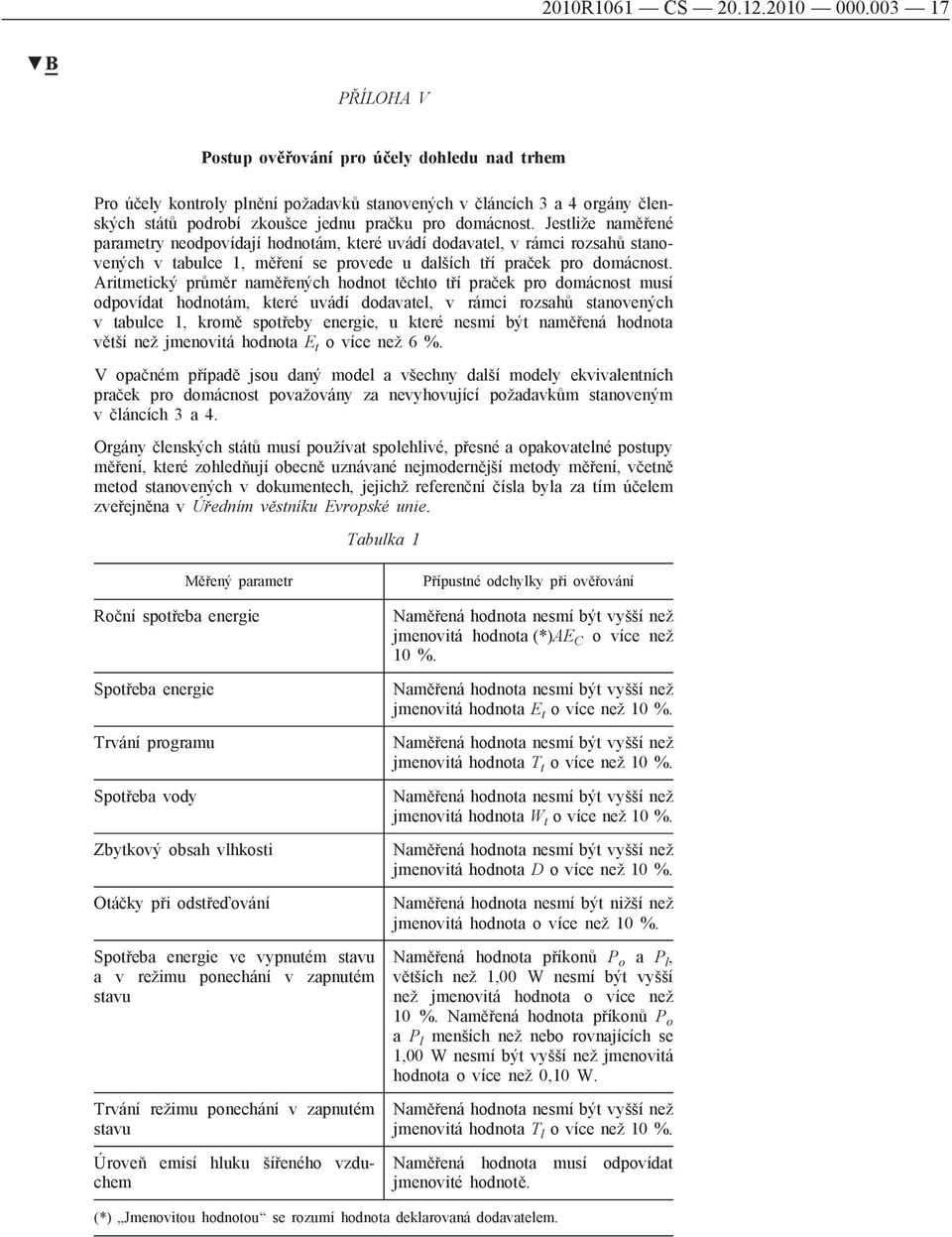 Jestliže naměřené parametry neodpovídají hodnotám, které uvádí dodavatel, v rámci rozsahů stanovených v tabulce 1, měření se provede u dalších tří praček pro domácnost.