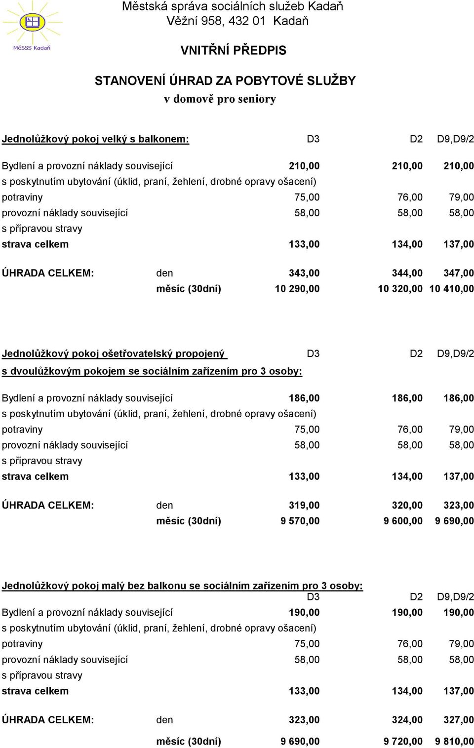 se sociálním zařízením pro 3 osoby: Bydlení a provozní náklady související 186,00 186,00 186,00 ÚHRADA CELKEM: den 319,00 320,00 323,00 měsíc (30dní) 9 570,00 9 600,00 9 690,00 Jednolůžkový