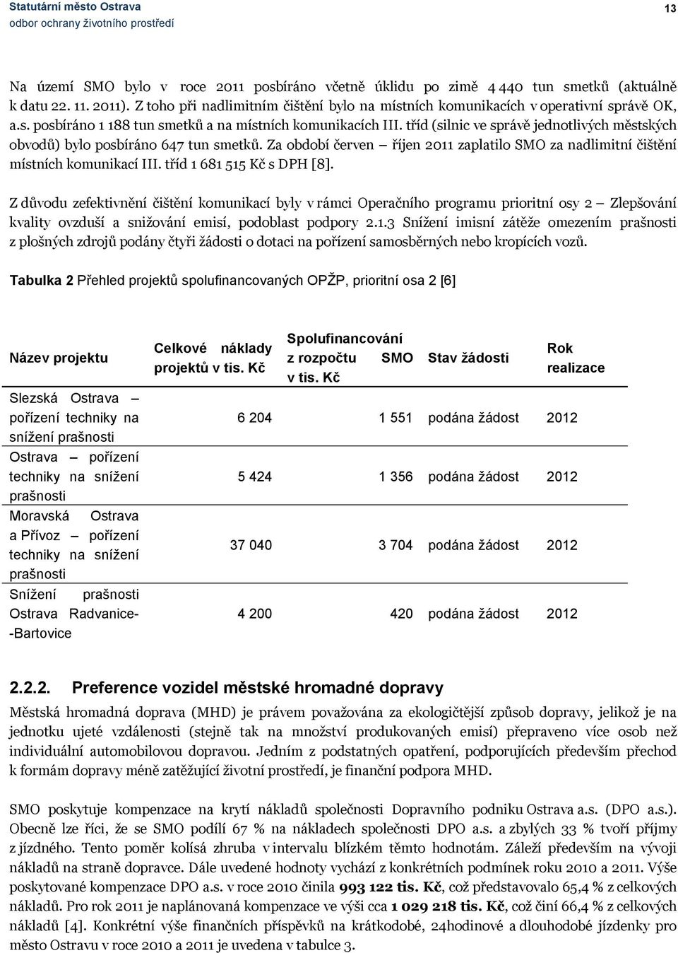 tříd (silnic ve správě jednotlivých městských obvodů) bylo posbíráno 647 tun smetků. Za období červen říjen 2011 zaplatilo SMO za nadlimitní čištění místních komunikací III.