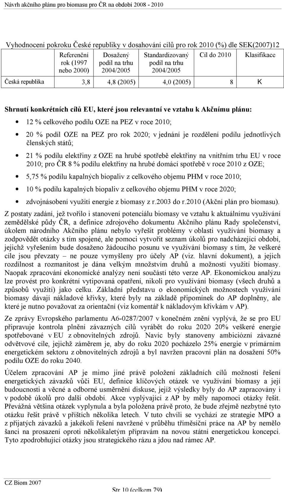 OZE na PEZ pro rok 2020; v jednání je rozdělení podílu jednotlivých členských států; 21 % podílu elektřiny z OZE na hrubé spotřebě elektřiny na vnitřním trhu EU v roce 2010; pro ČR 8 % podílu