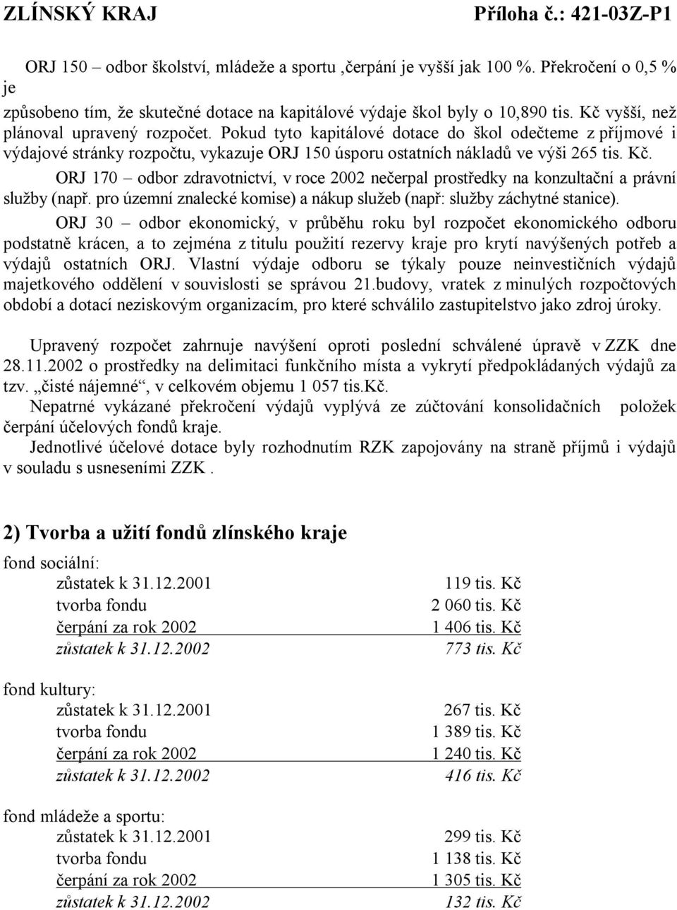 Pokud tyto kapitálové dotace do škol odečteme z příjmové i výdajové stránky rozpočtu, vykazuje ORJ 150 úsporu ostatních nákladů ve výši 265 tis. Kč.