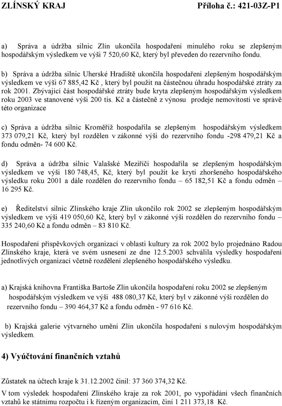 Zbývající část hospodářské ztráty bude kryta zlepšeným hospodářským výsledkem roku 2003 ve stanovené výši 200 tis.