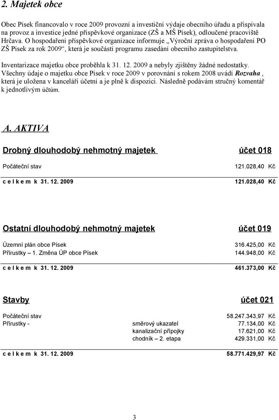 Inventarizace majetku obce proběhla k 31. 12. 2009 a nebyly zjištěny žádné nedostatky.