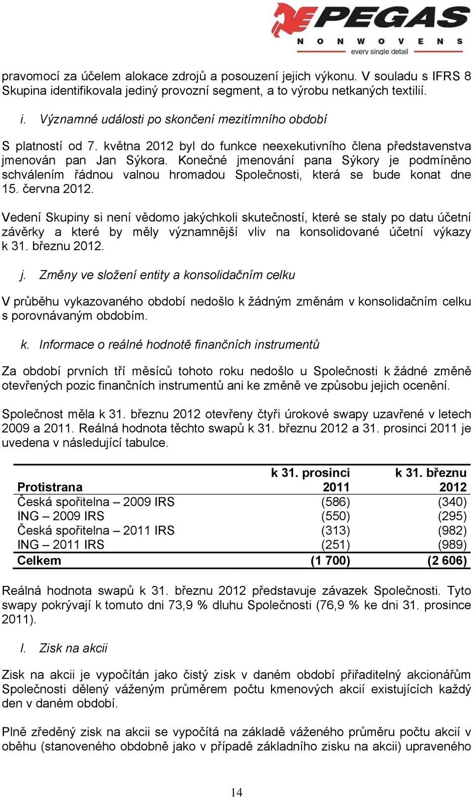 Konečné jmenování pana Sýkory je podmíněno schválením řádnou valnou hromadou Společnosti, která se bude konat dne 15. června 2012.