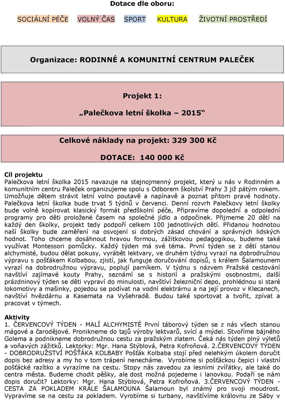 Umožňuje dětem strávit letní volno poutavě a napínavě a poznat přitom pravé hodnoty. Palečkova letní školka bude trvat 5 týdnů v červenci.