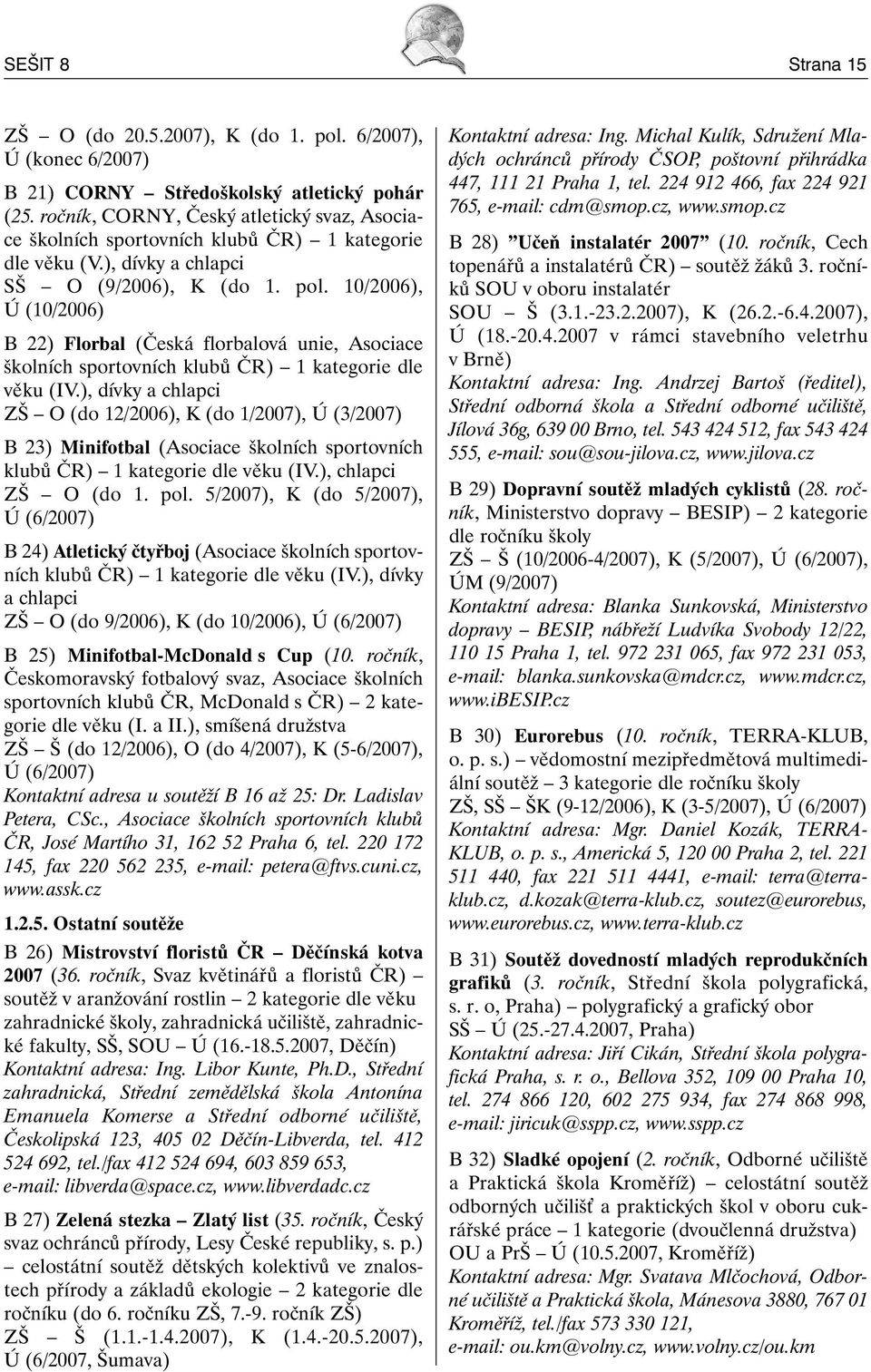 10/2006), Ú (10/2006) B 22) Florbal (Česká florbalová unie, Asociace školních sportovních klubů ČR) 1 kategorie dle věku (IV.
