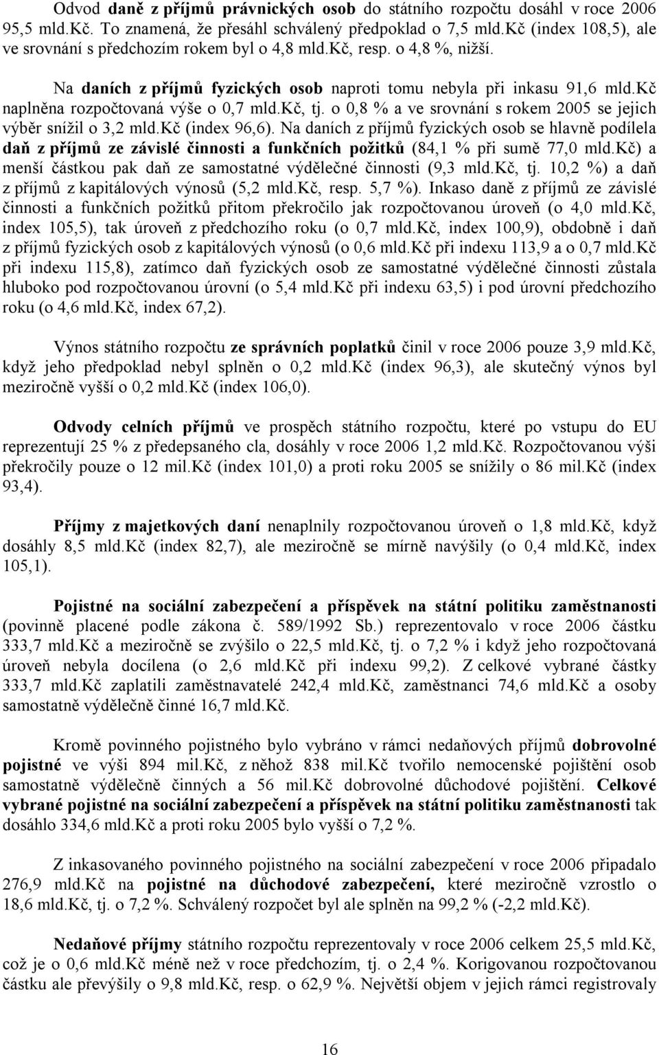 kč naplněna rozpočtovaná výše o 0,7 mld.kč, tj. o 0,8 % a ve srovnání s rokem 2005 se jejich výběr snížil o 3,2 mld.kč (index 96,6).