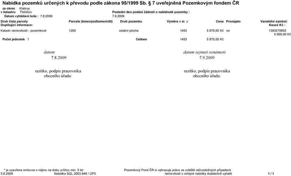 7.9.2009 Druh čísla parcely Parcela (kmen/podlomení/díl) Druh pozemku Výměra v m 2 Cena Pronajato Variabilní symbol: Doplňující informace: Kauce Kč : Katastr nemovitostí - pozemkové 1200 ostatní