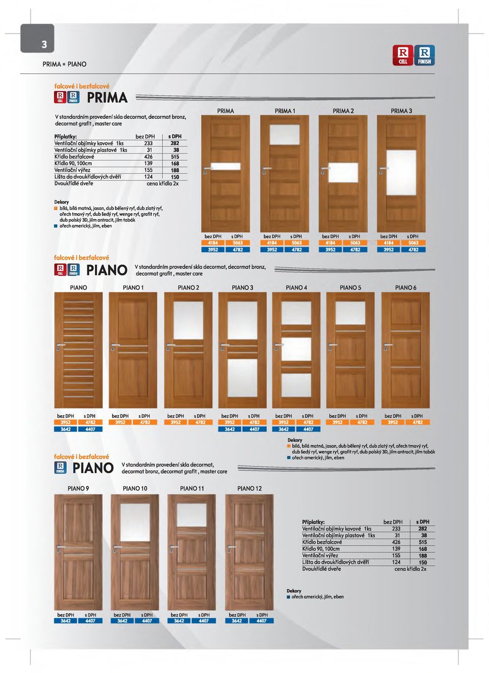 tmavý ryf, dub šedý ryf, wenge ryf, grafit ryf, dub polský 3D, jilm antracit, jilm tabák 5063 M 4184 falcové i bezfalcové (111 PIANO V standardním provedení skla decormat, decormat bronz, decormat