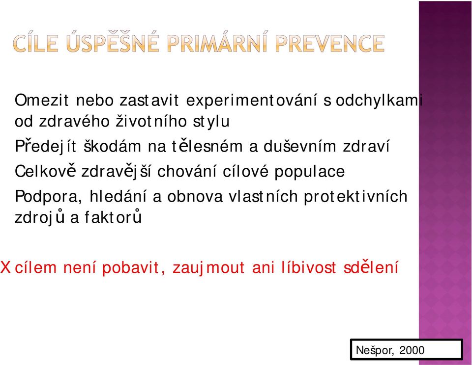 chování cílové populace Podpora, hledání a obnova vlastních protektivních