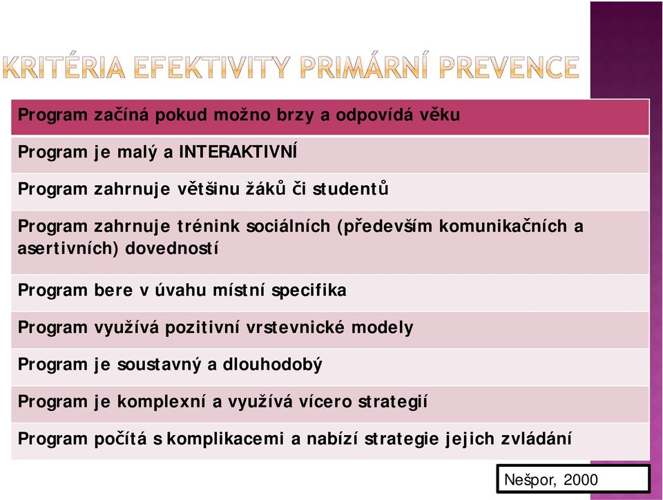 úvahu místní specifika Program využívá pozitivní vrstevnické modely Program je soustavný a dlouhodobý Program je