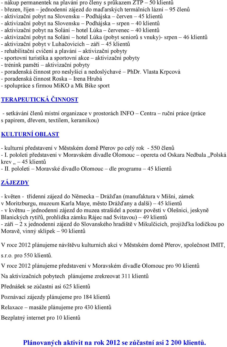 srpen 46 klientů - aktivizační pobyt v Luhačovicích září 45 klientů - rehabilitační cvičení a plavání aktivizační pobyty - sportovní turistika a sportovní akce aktivizační pobyty - trénink paměti