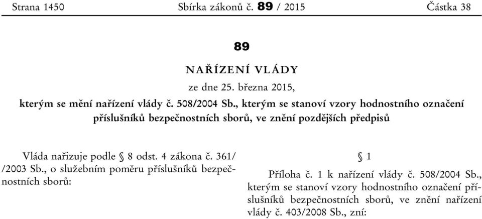 podle 8 odst. 4 zákona č. 361/ /2003 Sb., o služebním poměru příslušníků bezpečnostních sborů: 1 Příloha č. 1 k nařízení vlády č.