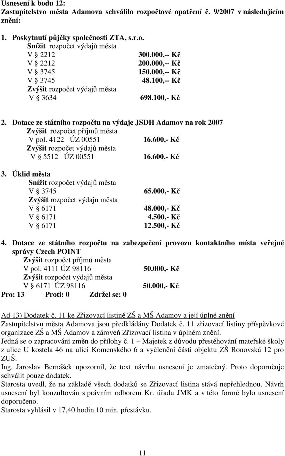 600,- Kč V 5512 ÚZ 00551 16.600,- Kč 3. Úklid města Snížit rozpočet výdajů města V 3745 V 6171 V 6171 V 6171 65.000,- Kč 48.000,- Kč 4.500,- Kč 12.500,- Kč 4.