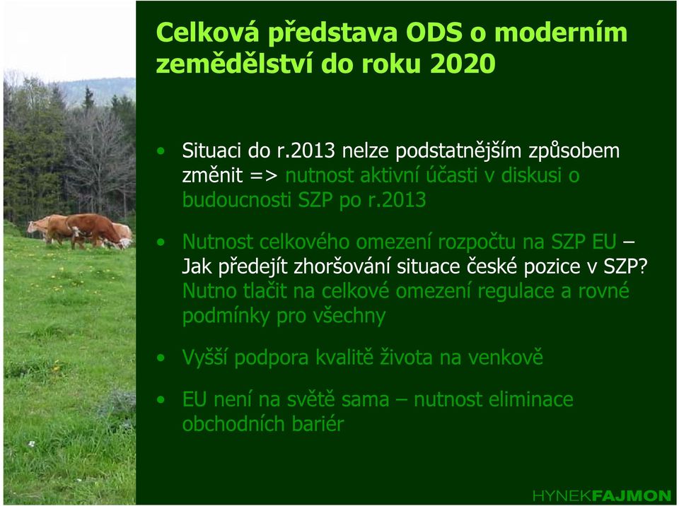2013 Nutnost celkového omezení rozpočtu na SZP EU Jak předejít zhoršování situace české pozice v SZP?