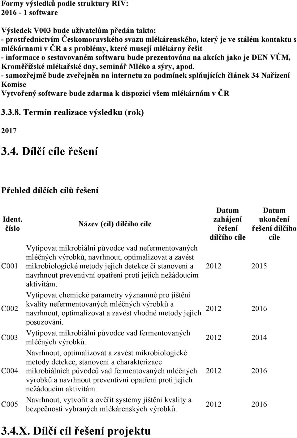 - samozřejmě bude zveřejněn na internetu za podmínek splňujících článek 34 Nařízení Komise Vytvořený software bude zdarma k dispozici všem mlékárnám v ČR 3.3.8. Termín realizace výsledku (rok) 2017 3.