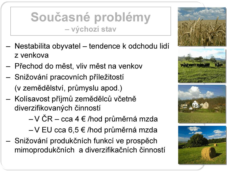 ) Kolísavost příjmů zemědělců včetně diverzifikovaných činností VČR cca 4 /hod průměrná mzda VEU