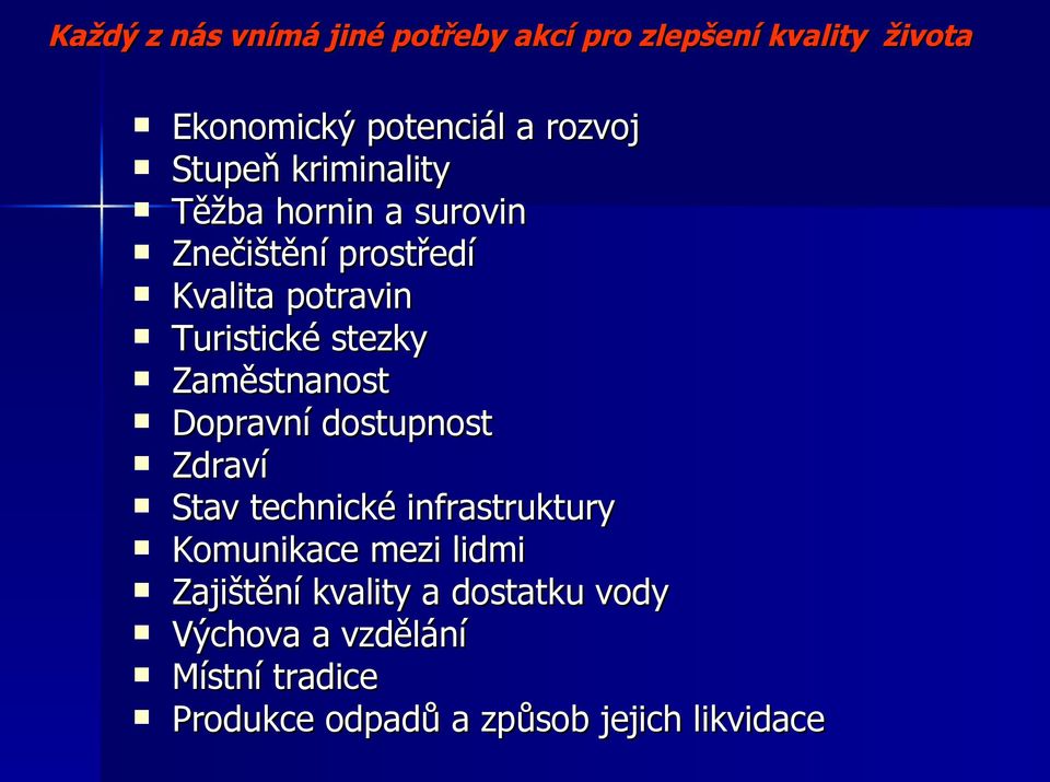 Zaměstnanost Dopravní dostupnost Zdraví Stav technické infrastruktury Komunikace mezi lidmi