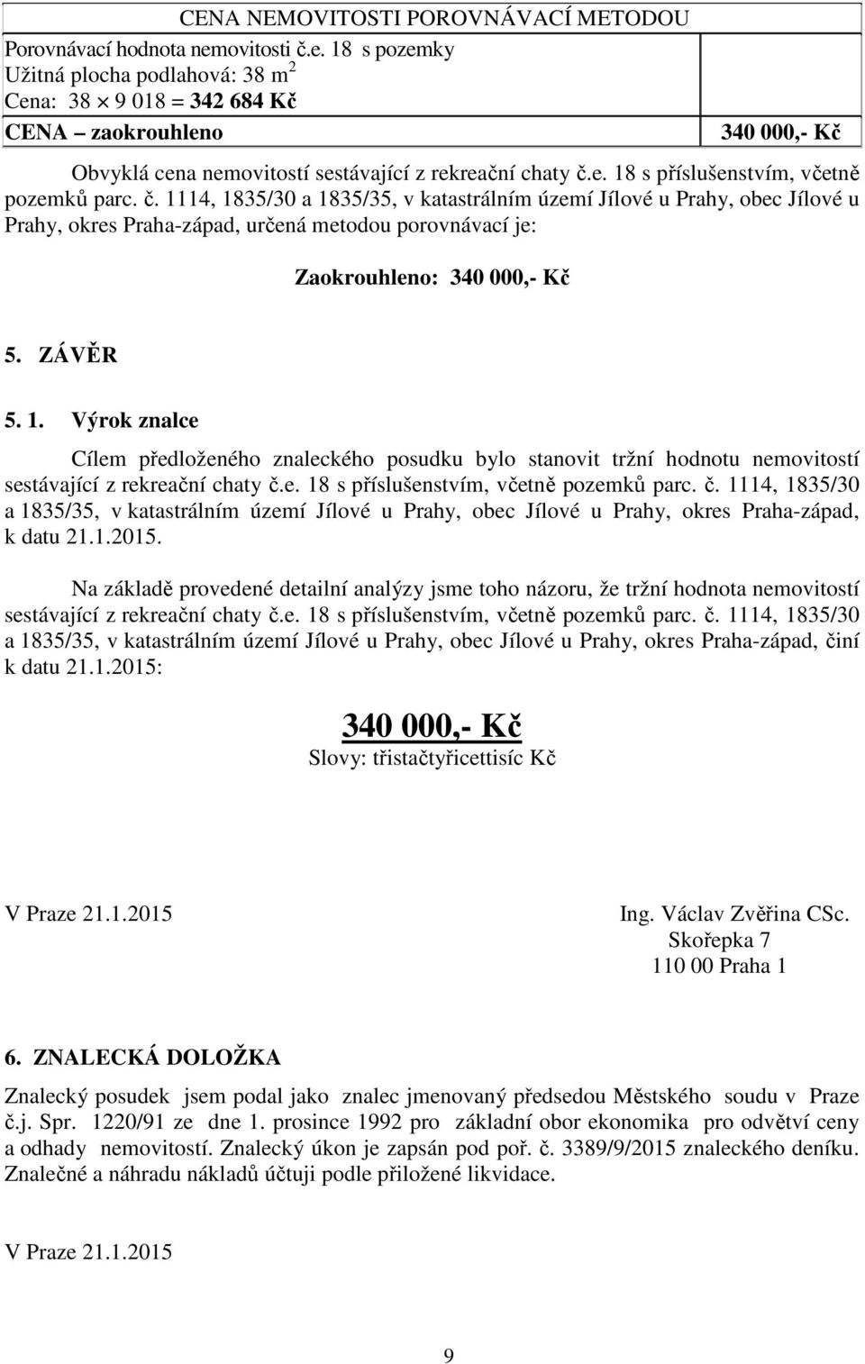 č. 1114, 1835/30 a 1835/35, v katastrálním území Jílové u Prahy, obec Jílové u Prahy, okres Praha-západ, určená metodou porovnávací je: Zaokrouhleno: 340 000,- Kč 5. ZÁVĚR 5. 1. Výrok znalce Cílem předloženého znaleckého posudku bylo stanovit tržní hodnotu nemovitostí sestávající z rekreační chaty č.