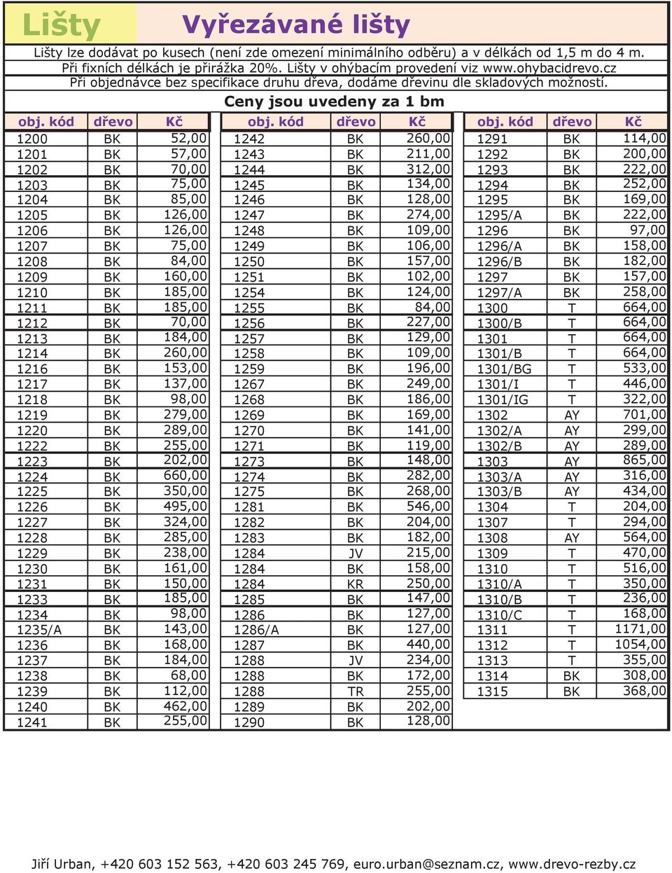 Ceny jsou uvedeny za 1 bm 1200 BK 52,00 1242 BK 260,00 1291 BK 114,00 1201 BK 57,00 1243 BK 211,00 1292 BK 200,00 1202 BK 70,00 1244 BK 312,00 1293 BK 222,00 1203 BK 75,00 1245 BK 134,00 1294 BK