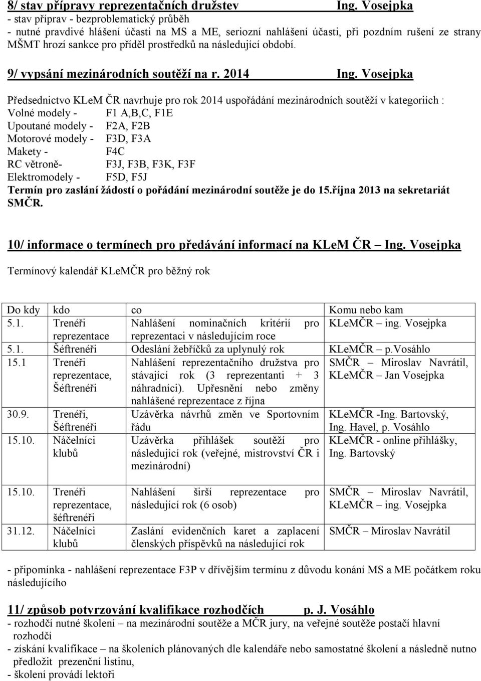 následující období. 9/ vypsání mezinárodních soutěží na r. 2014 Ing.