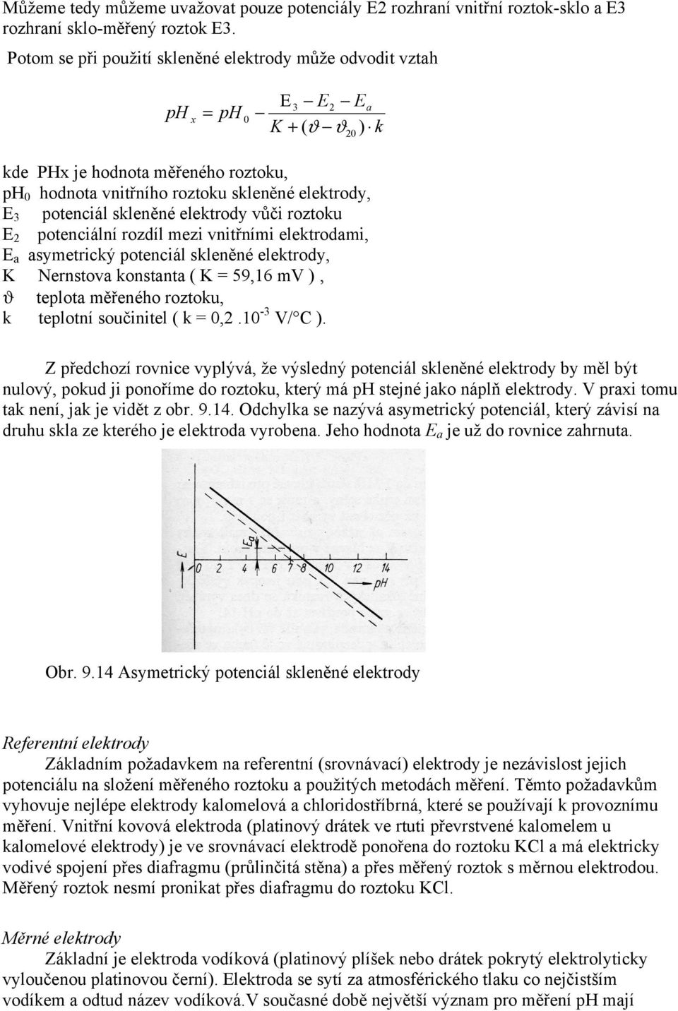 elektrod vůči roztoku E 2 otenciální rozdíl mezi vnitřními elektrodami, E a asmetrický otenciál skleněné elektrod, K Nernstova konstanta ( K = 59,16 mv ) ϑ telota měřeného roztoku, k telotní