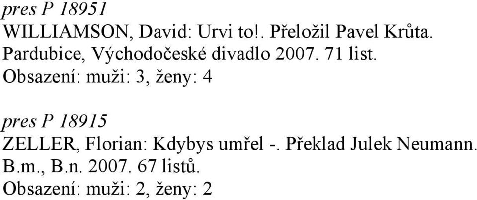 Obsazení: muži: 3, ženy: 4 pres P 18915 ZELLER, Florian: Kdybys