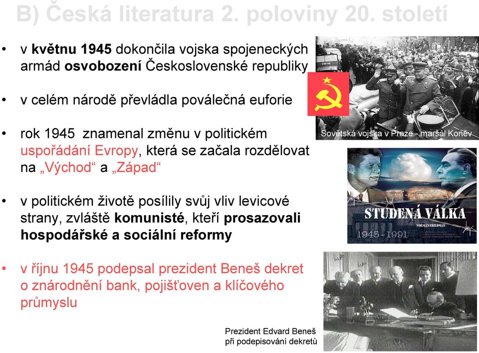 1945 znamenal změnu v politickém uspořádání Evropy, která se začala rozdělovat na Východ a Západ v politickém životě posílily svůj vliv levicové