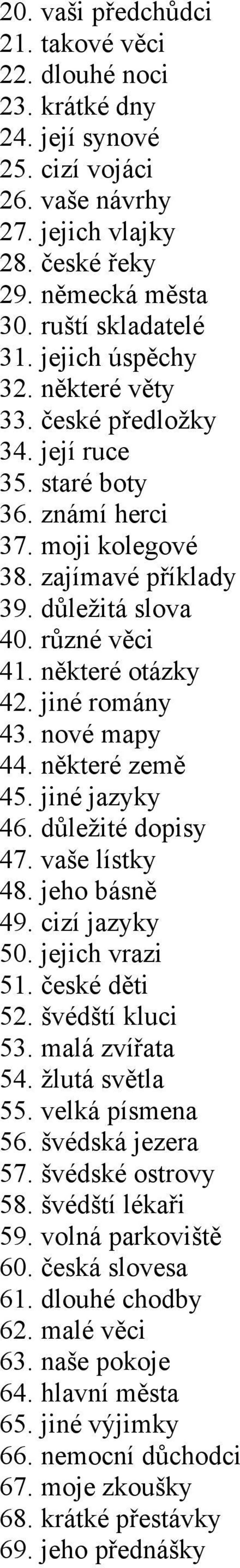 jiné romány 43. nové mapy 44. některé země 45. jiné jazyky 46. důležité dopisy 47. vaše lístky 48. jeho básně 49. cizí jazyky 50. jejich vrazi 51. české děti 52. švédští kluci 53. malá zvířata 54.