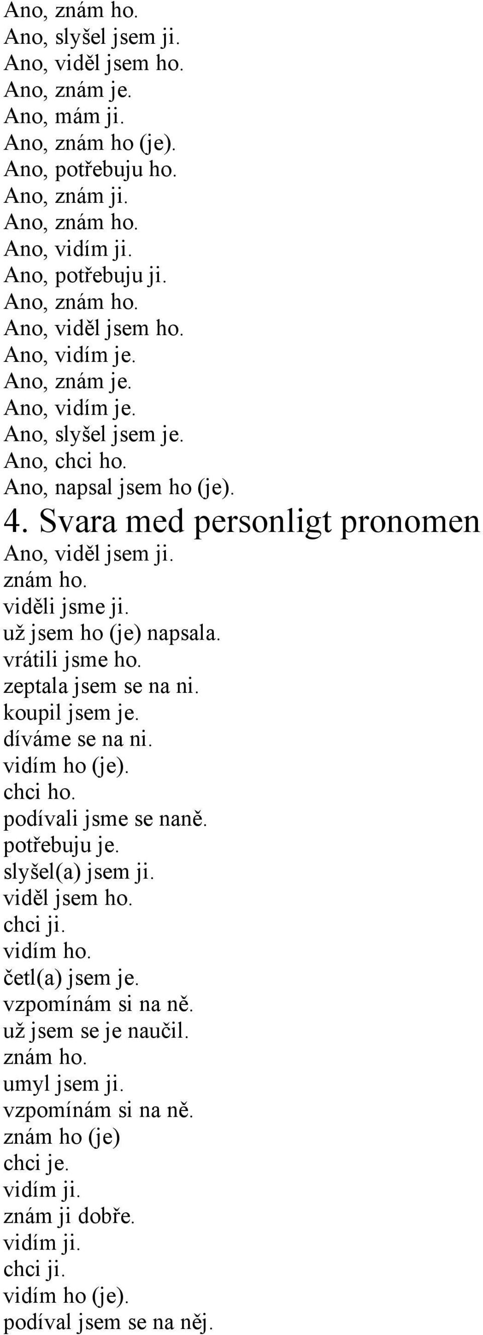 vrátili jsme ho. zeptala jsem se na ni. koupil jsem je. díváme se na ni. vidím ho (je). chci ho. podívali jsme se naně. potřebuju je. slyšel(a) jsem ji. viděl jsem ho. chci ji. vidím ho. četl(a) jsem je.