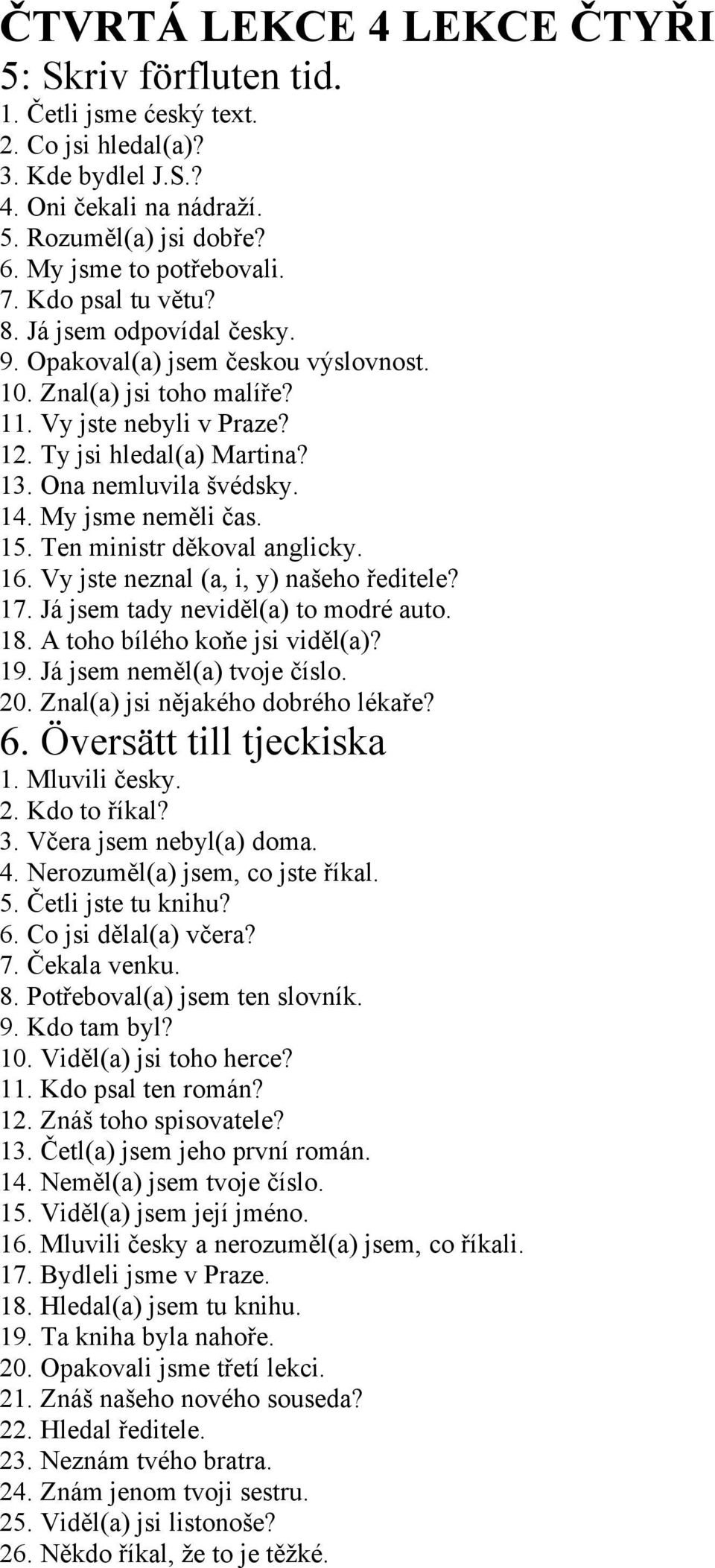 14. My jsme neměli čas. 15. Ten ministr děkoval anglicky. 16. Vy jste neznal (a, i, y) našeho ředitele? 17. Já jsem tady neviděl(a) to modré auto. 18. A toho bílého koňe jsi viděl(a)? 19.