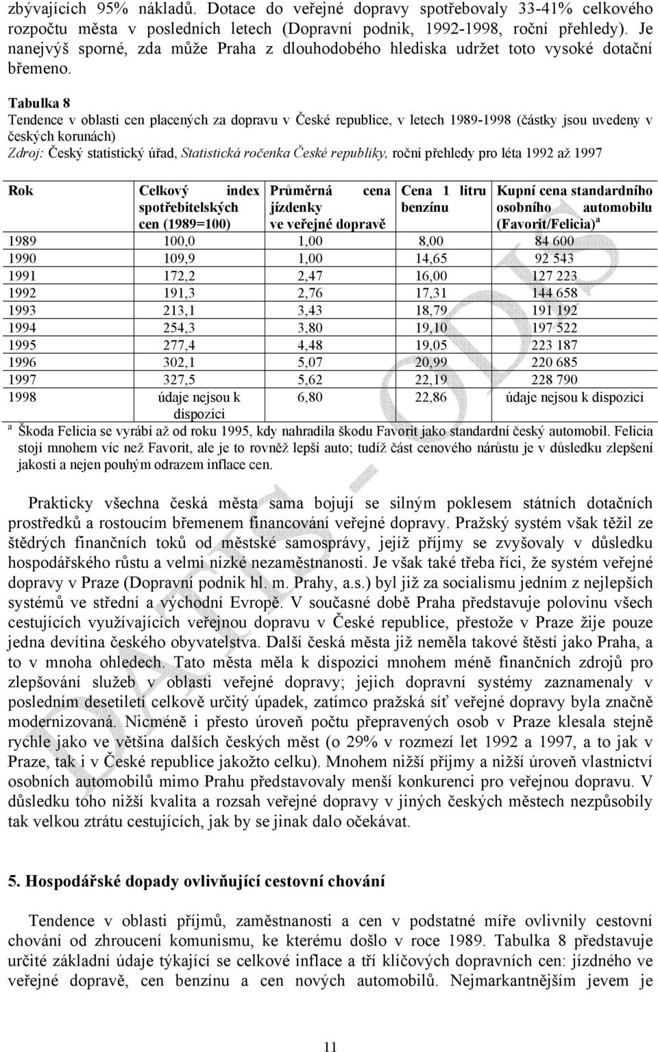 Tabulka 8 Tendence v oblasti cen placených za dopravu v České republice, v letech 1989-1998 (částky jsou uvedeny v českých korunách) Zdroj: Český statistický úřad, Statistická ročenka České