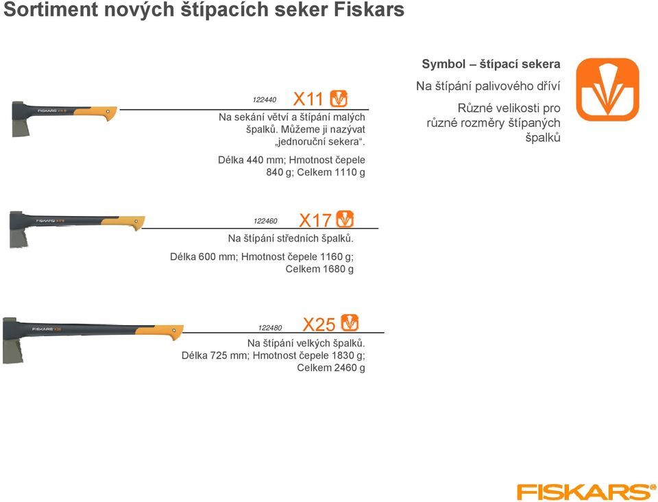 Délka 440 mm; Hmotnost čepele 840 g; Celkem 1110 g Symbol štípací sekera Na štípání palivového dříví Různé