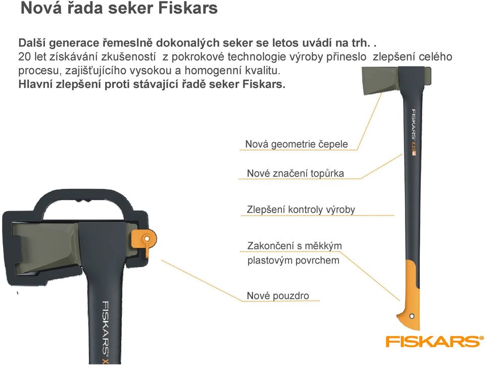 zajišťujícího vysokou a homogenní kvalitu. Hlavní zlepšení proti stávající řadě seker Fiskars.