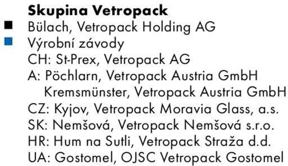 Austria GmbH CZ: Kyjov, Vetropack Moravia Glass, a.s. SK: Nemšová, Vetropack Nemšová s.