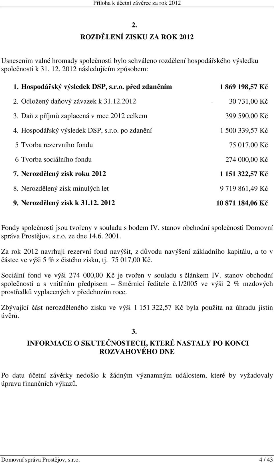 Daň z příjmů zaplacená v roce 2012 celkem 399 590,00 Kč 4. Hospodářský výsledek DSP, s.r.o. po zdanění 1 500 339,57 Kč 5 Tvorba rezervního fondu 75 017,00 Kč 6 Tvorba sociálního fondu 274 000,00 Kč 7.