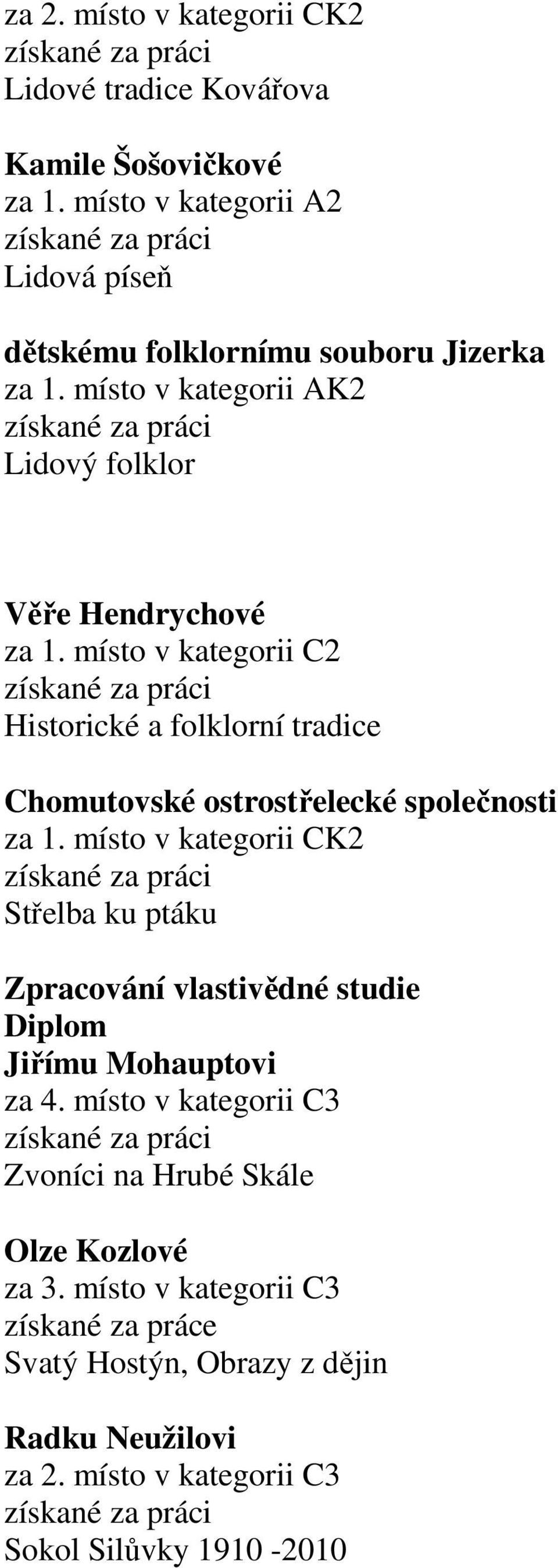 místo v kategorii C2 Historické a folklorní tradice Chomutovské ostrostřelecké společnosti za 1.