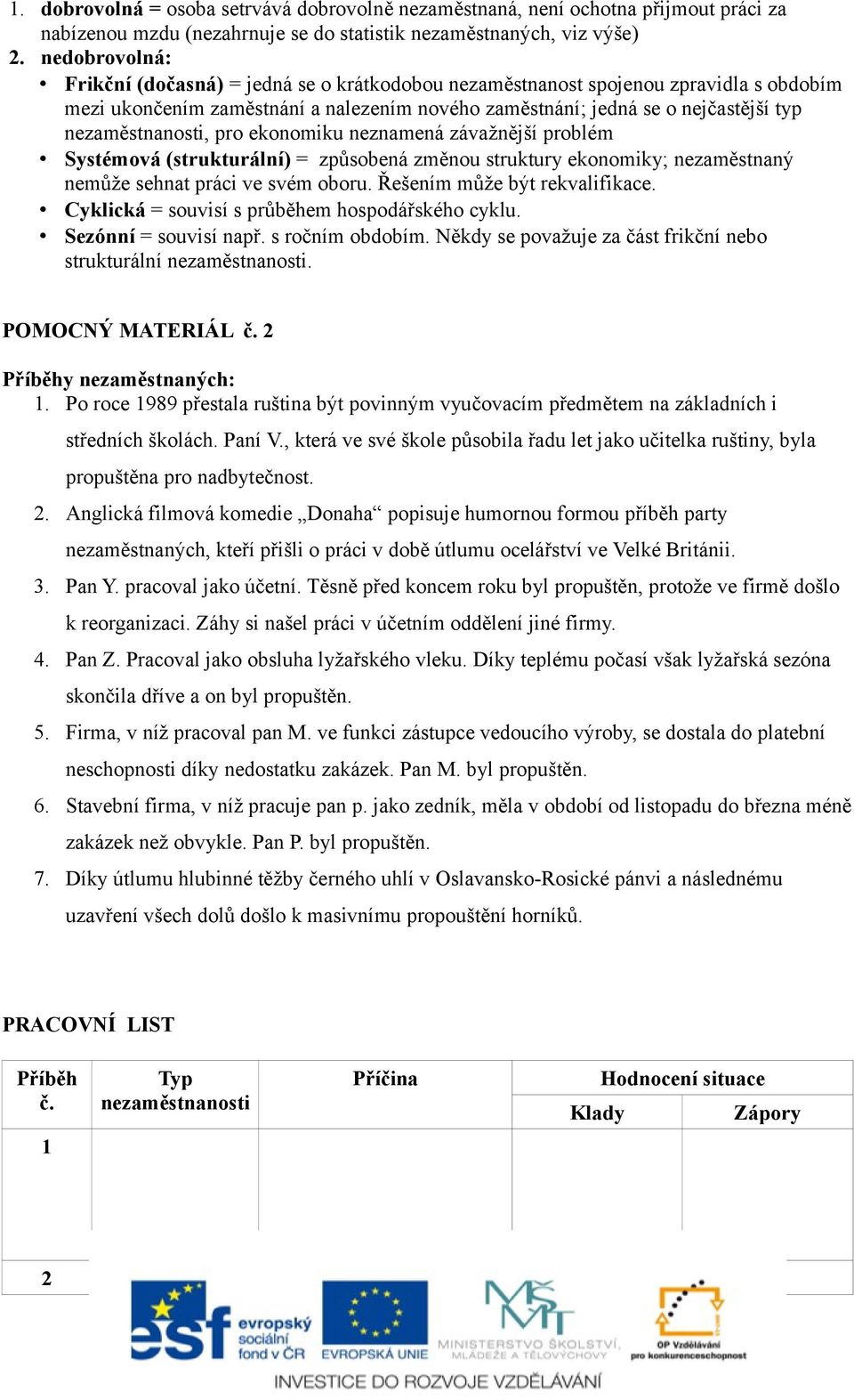 nezaměstnanosti, pro ekonomiku neznamená závažnější problém Systémová (strukturální) = způsobená změnou struktury ekonomiky; nezaměstnaný nemůže sehnat práci ve svém oboru.