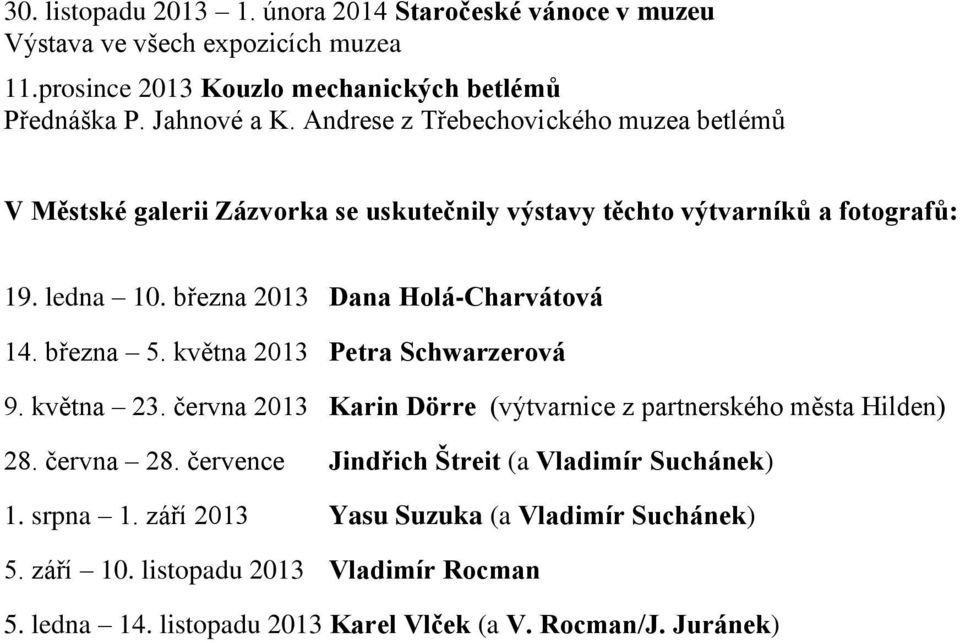 března 5. května 2013 Petra Schwarzerová 9. května 23. června 2013 Karin Dörre (výtvarnice z partnerského města Hilden) 28. června 28.