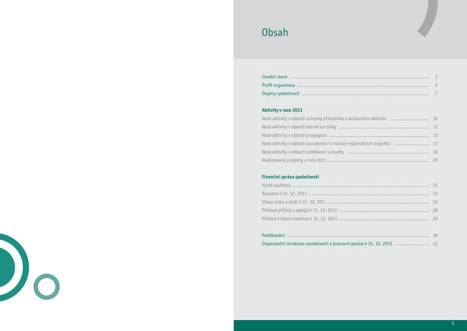 .. 17 Naše aktivity v oblasti vzdělávání a osvěty... 18 Realizované projekty v roce 2011... 20 Finanční zpráva společnosti Výrok auditora... 22 Rozvaha k 31. 12. 2011... 23 Výkaz zisku a ztrát k 31.