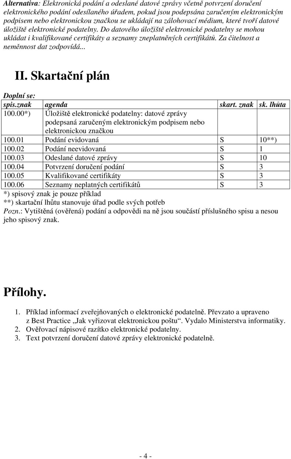 Do datového úložiště elektronické podatelny se mohou ukládat i kvalifikované certifikáty a seznamy zneplatněných certifikátů. Za čitelnost a neměnnost dat zodpovídá... II.