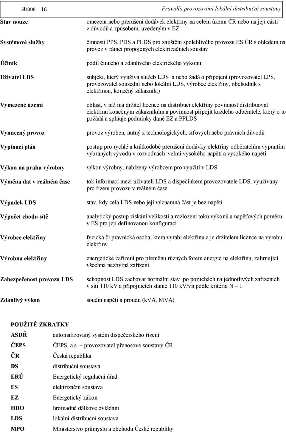 PLDS pro zajištění spolehlivého provozu ES ČR s ohledem na provoz v rámci propojených elektrizačních soustav podíl činného a zdánlivého elektrického výkonu subjekt, který využívá služeb LDS a nebo